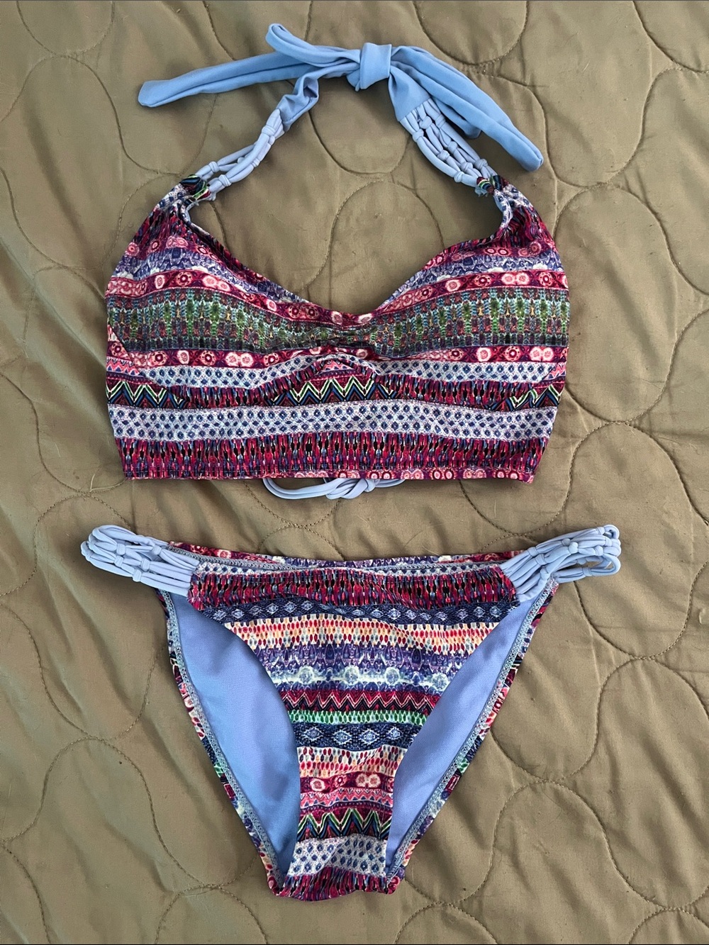 Xhilaration Multicolor Patterned Bikini with Light Blue Accents size Small